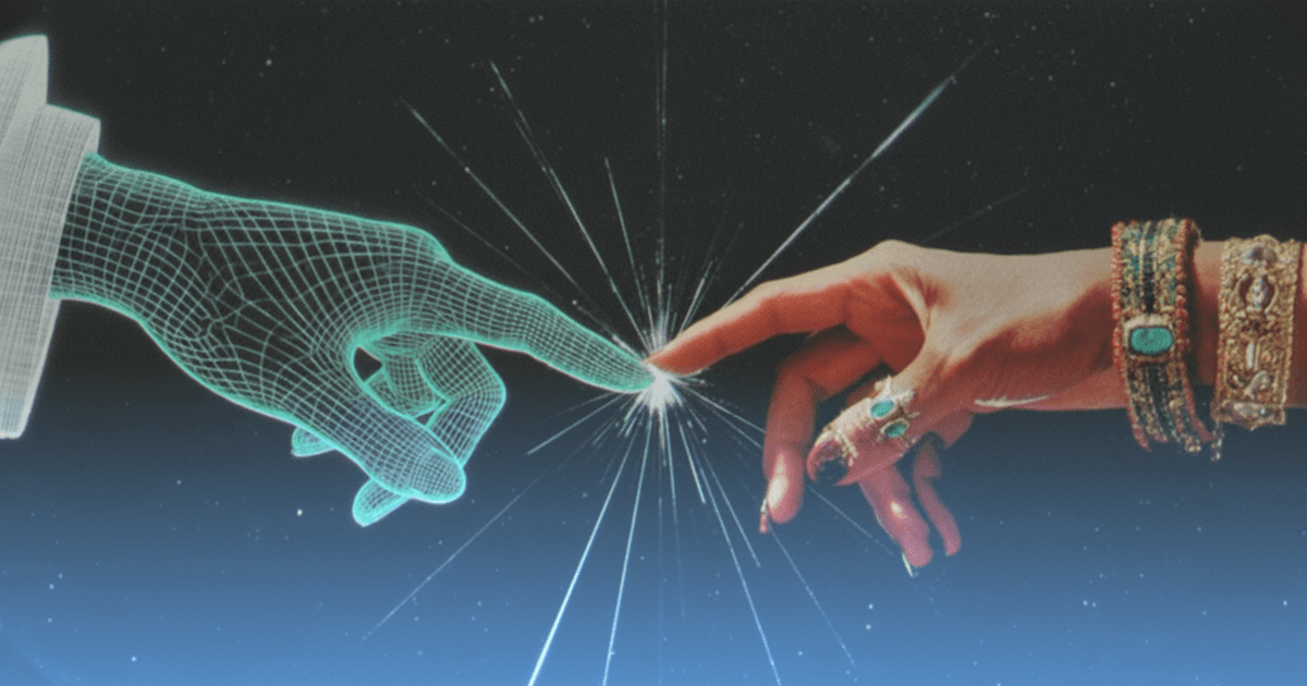 A human hand reaching toward a glowing hand of light, the two almost meeting