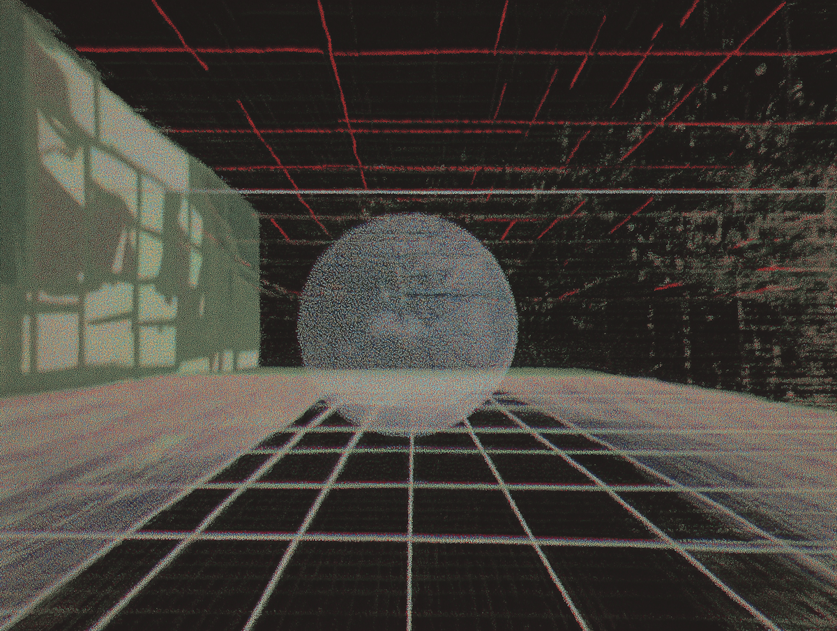 A grainy retro-futuristic room with a glowing sphere resting on a perspective grid floor beneath red laser gridlines