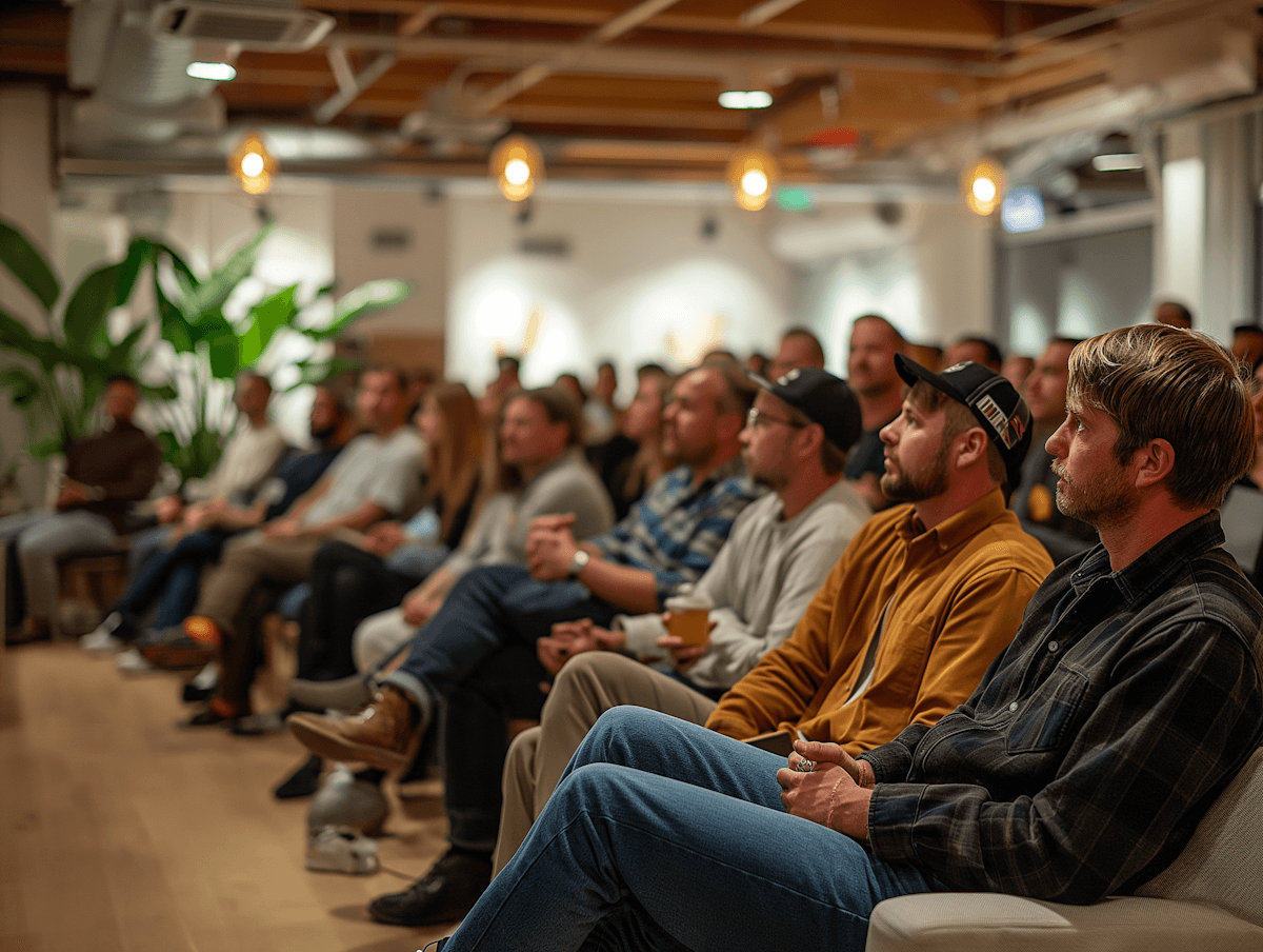 A kickoff session with the whole team seated and listening