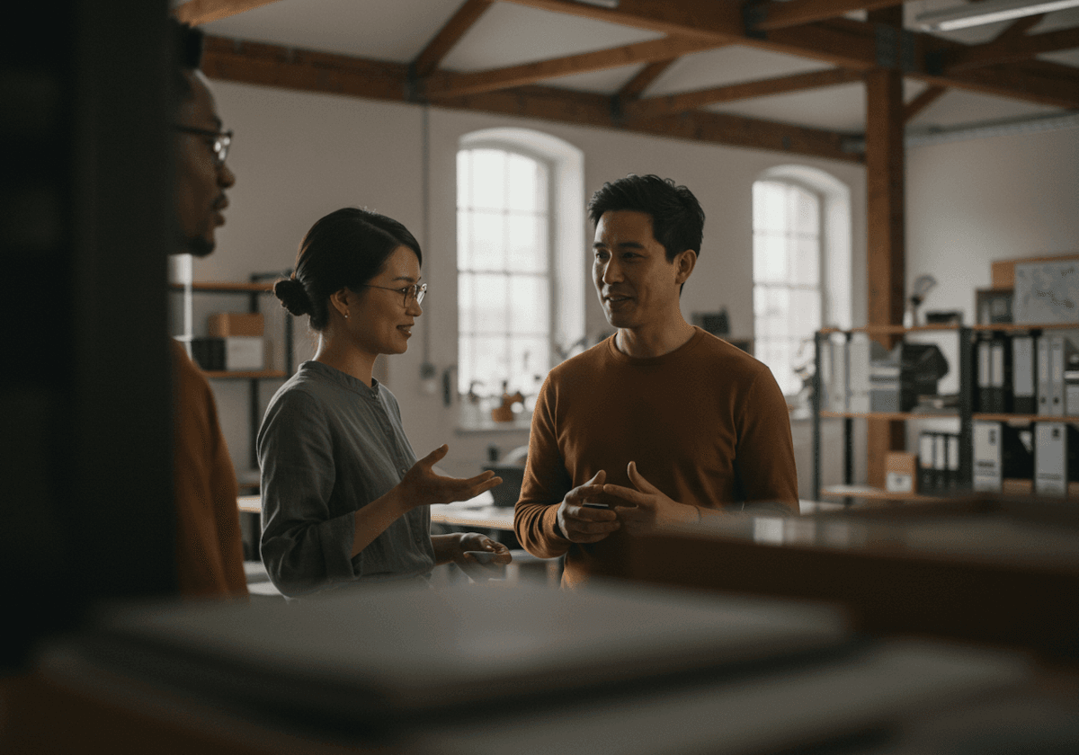 Colleagues caught mid-conversation by a large window