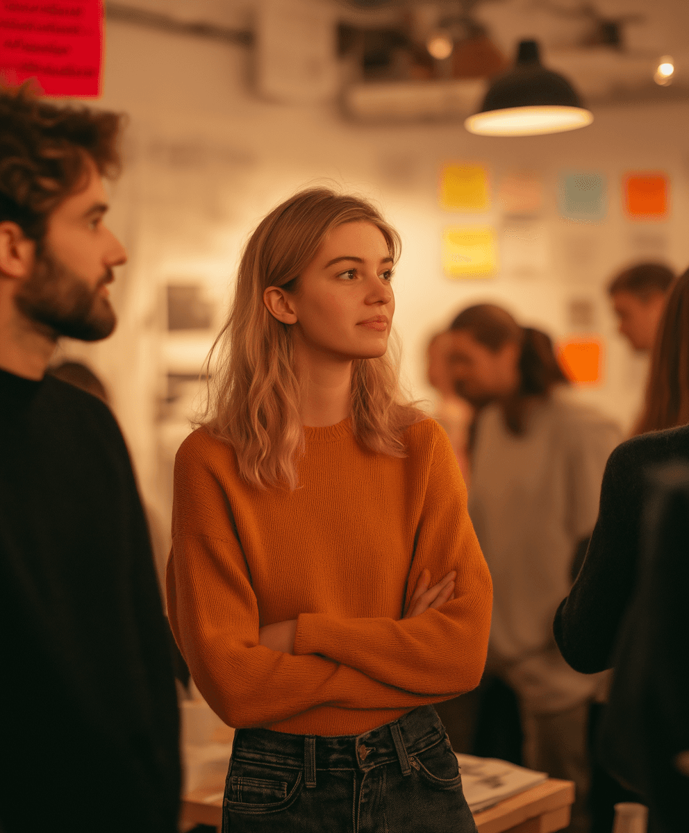 A community evening mid-flow, conversations around a pinboard wall