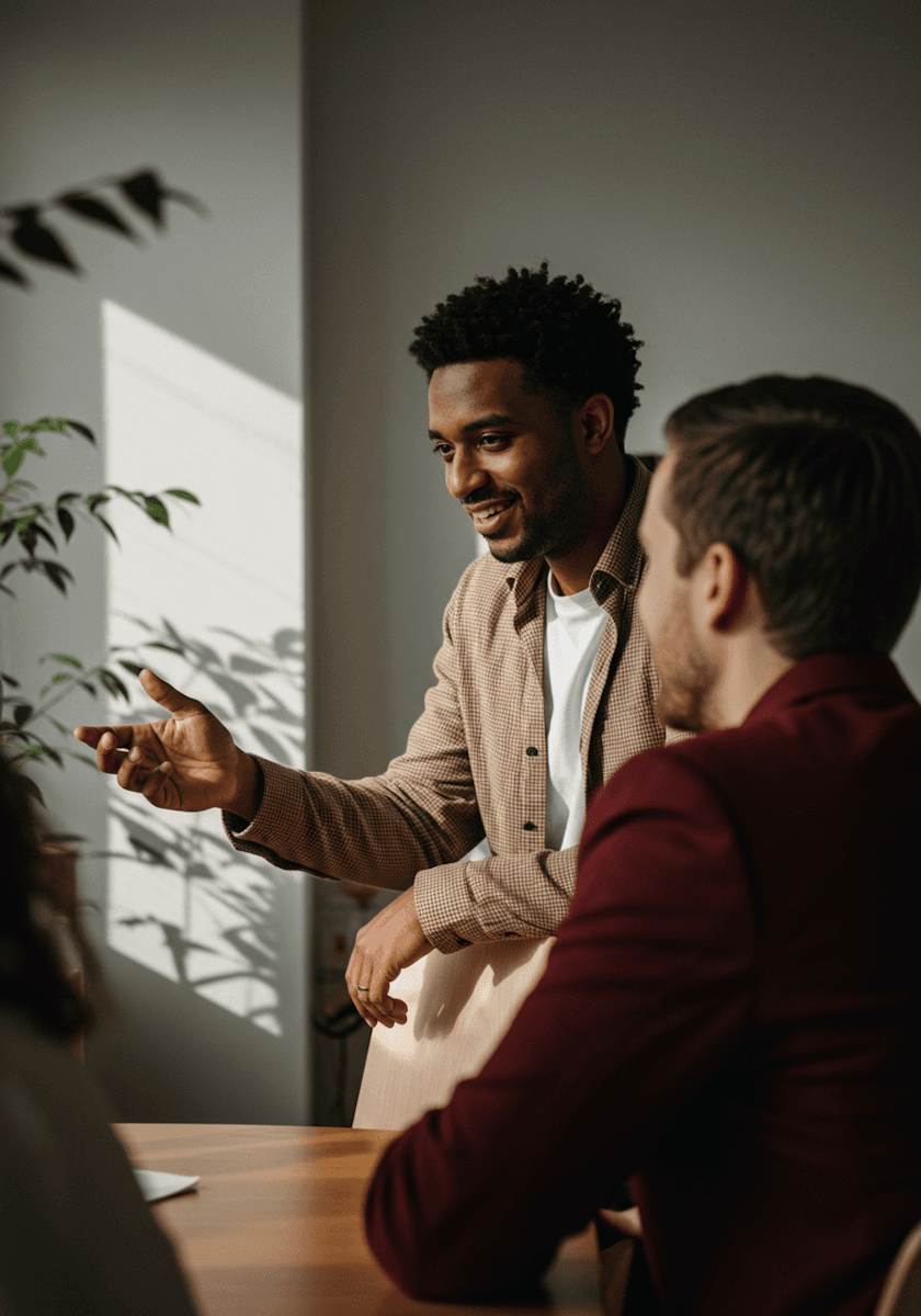 Two people working through a flow on the wall, mid-discussion