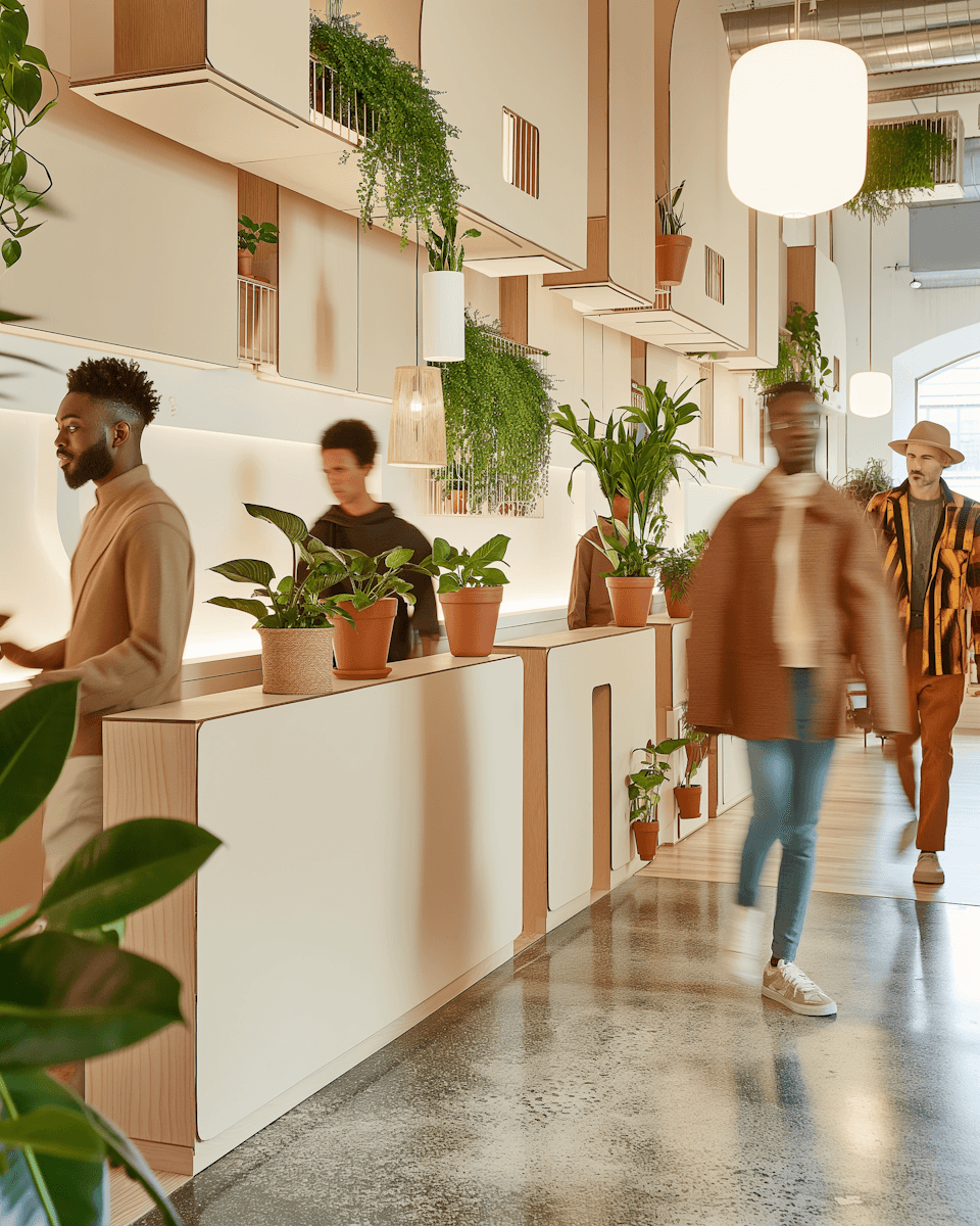A bright, plant-lined office entrance with people passing through