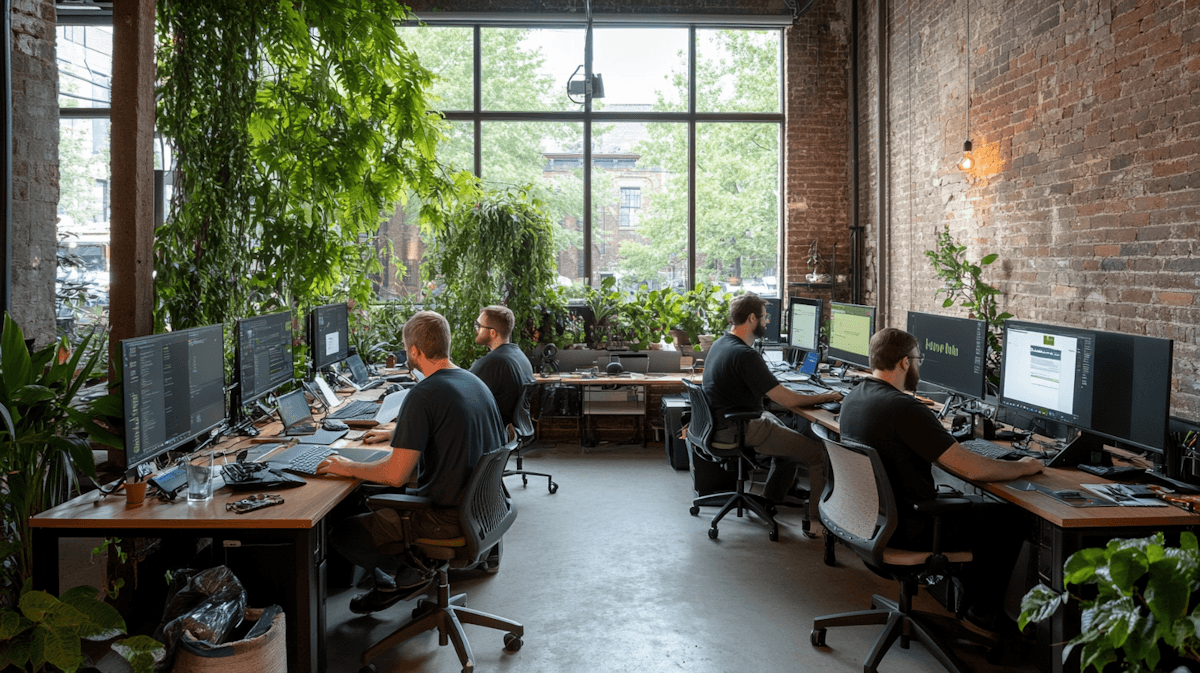 The workspace on a working morning: desks, monitors, brick walls, and greenery